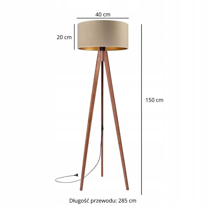 Підлогова торшерна лампа на дерев'яному тринозі (горіх) з велюровим абажуром бежево-золотистого кольору
