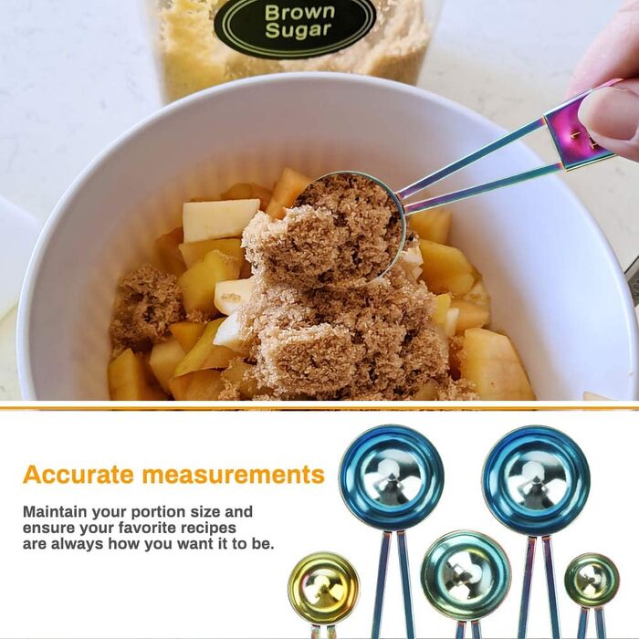Intsun Measuring Spoon and Cup Set, Stackable Stainless Steel Measuring Cups and Spoons, Multicolor, with Engraved Measurements and Highly Polished Measuring Cup Set for Cooking, Mixing, and Baking