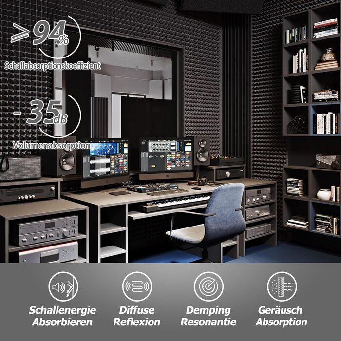 Акустичний пірамідний поролон самоклеящийся для звукоізоляції, 24 шт, чорний, 30x30x5 см — панелі для студії, офісу та дому