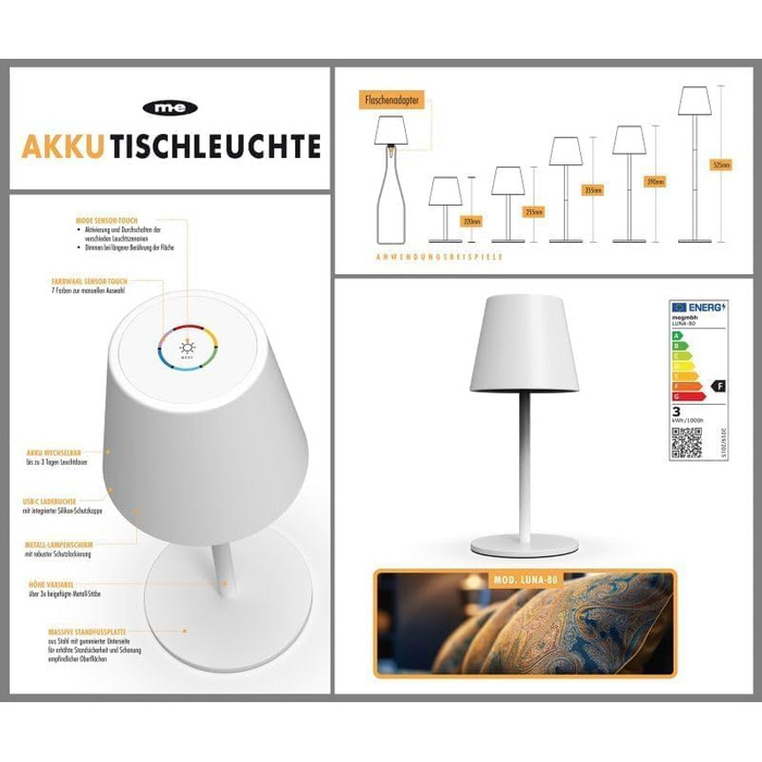 LED настільна лампа LUNA-80-W з акумулятором, диммування, сенсорне керування, 7 кольорів, регулювання висоти