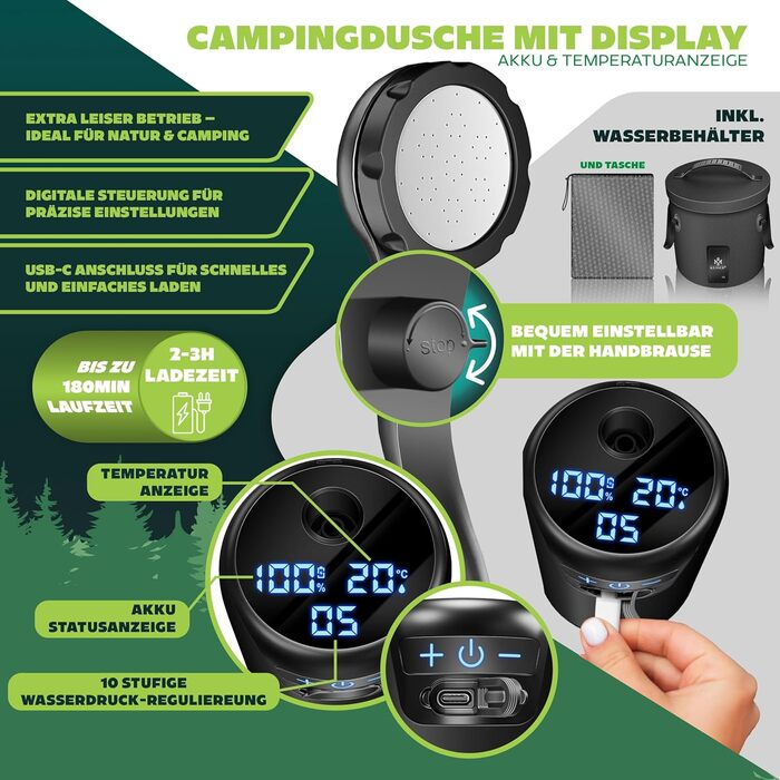 Сонячний душ KESSER® з насосом та акумулятором 8000mAh. Комплект для кемпінгу: 20л бак, регульована лійка, шланг 2м, пістолет-розпилювач, кріплення. Чорний колір.