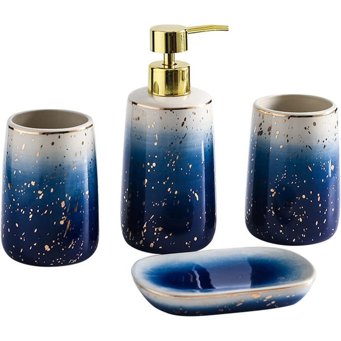 Набір аксесуарів для ванної кімнати GIBZ: мильниця, тримач для зубних щіток, дозатор мила, стаканчик. Кераміка, блакитний колір