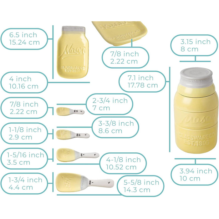 Comfify Vintage Kitchen Set - Multi-Piece Kitchen Ceramic Decor Set with 4 Measuring Cups, 4 Measuring Spoons, and Spoon Rest - Attractive Vintage Yellow - Embossed Ceramic