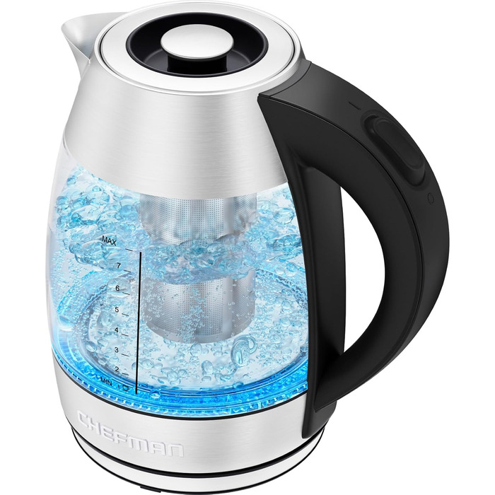 Chefman Electric Glass Kettle - 1.8L with Temperature Control, Stainless Steel, Removable Infuser, Auto Shutoff, LED Display, Silver - Tea Kettle