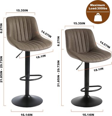 Youhauchair 2-Piece Swivel Bar Stools with Backrest - Adjustable Height PU Leather Bar Stools for Kitchen & Bar - Brown