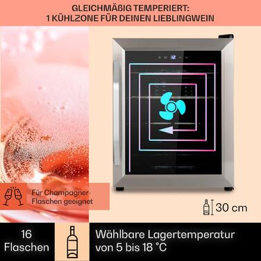 Klarstein Wine & Beverage Refrigerator - 1 Zone, UV Protection, 5-18°C, 16 Bottle Capacity, Freestanding, Silver & Black