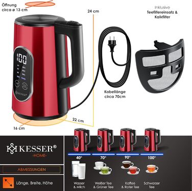 KESSER® Stainless Steel Kettle 1.7 Liter | LED Display | 4-Mode Temperature Setting 40°C-100°C | 30-Minute Keep Warm | Electric Tea Kettle 2200W BPA-Free | Scale Filter & Easy-Open Lid, (Burgundy)