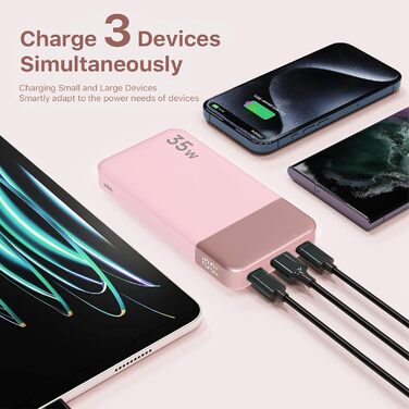 Power Bank NOBIS 35W 10000mAh з цифровим дисплеєм, USB-C, PD, QC, рожевий