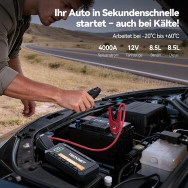 Powerbank для автомобіля TECKNET 4000A 12V: стартер, LED-ліхтарик, екран, кабель для авто, SUV, LKW, мотоциклів