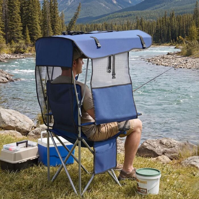 Складний стілець VEVOR для кемпінгу, риболовлі та пікніків, 150 кг, з парасолькою, підсклянниками та кишенею для журналів, темно-синій