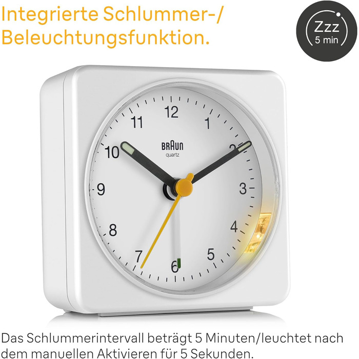 Braun Classic Analog Alarm Clock with Snooze Function and Light, Silent Quartz Movement, Crescendo Alarm, White Model BC03W