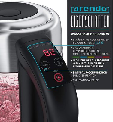 Arendo - Glass Kettle with Temperature Setting – 1.7l - Adjustable Temperatures 40° - 100 °C – Digital Temperature Display - Keep Warm Function – Energy-Saving – BPA-Free - RGB Lighting