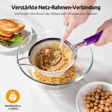 U-Taste кухонне сито з нержавіючої сталі 18/8, середній розмір, металеве дрібнопористе ситечко з міцною заклепкою і силіконовою ручкою для просіювання борошна, чаю, рису, кіноа, фіолетове, 12 см