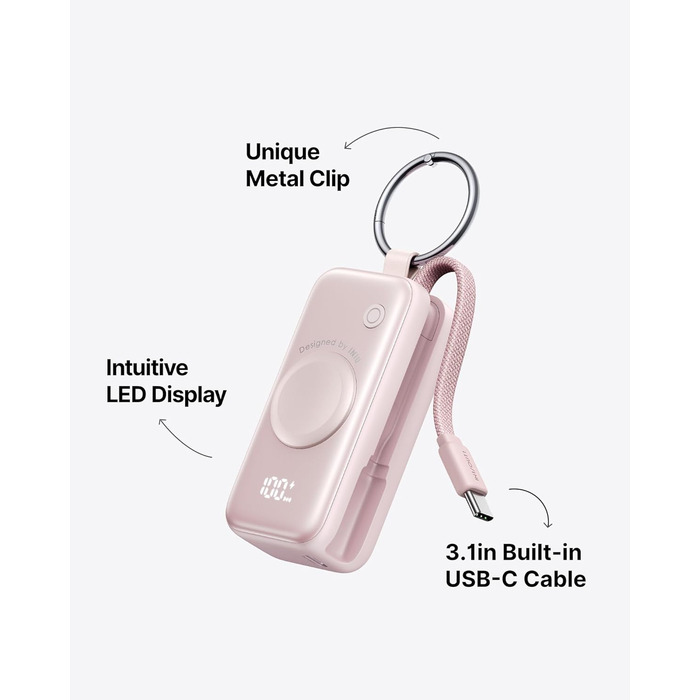 Power Bank INIU для Apple Watch, 5000mAh, вбудований кабель, LCD-дисплей, сумісний з iWatch 10/9/8/Ultra2/Ultra/SE, iPhone 16/15, рожевий