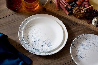 Corelle набір посуду 18 предметів, Indigo Speckle, блакитно-білий, на 6 осіб. Стійкий до сколів, включає великі тарілки 26 см, салатові/сімейні тарілки 17 см та супові/кашові миски 530 мл