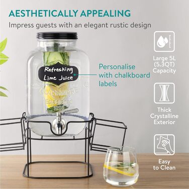 Navaris 5 Liter Glass Drink Dispenser with Drink Holder - Stainless Steel Spigot and Stand - Glass Water Dispenser for Cold Drinks - Black