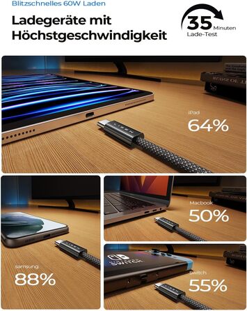 Набір USB-C кабелів LISEN 60W, [4 шт., 0.5м, 1м, 1м, 2м] для iPhone 17 Pro Max, Switch, Samsung Galaxy S25, MacBook, iPad, Xiaomi. Підтримка PD 3.0, швидка зарядка, чорний