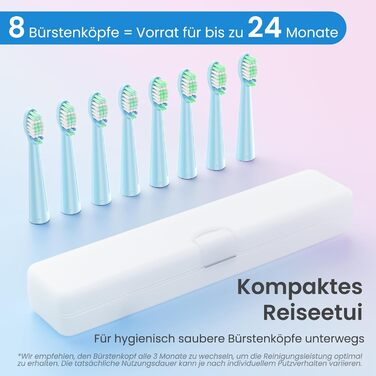 Електрична зубна щітка YUNCHI C2 з 40000 VPM, звукова, для дорослих та дітей, USB-C зарядка, 30 днів роботи, 5 режимів, 8 насадок, рожева/блакитна