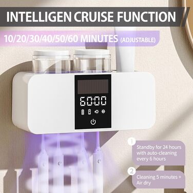 Toothbrush Cleaner and Wall-Mounted Toothbrush Holder, Cleaning and Air-Drying, LED Smart Display and Timer Function, Rechargeable, Wireless, Toothbrush Holder for Bathroom (White/Opulent Garden)