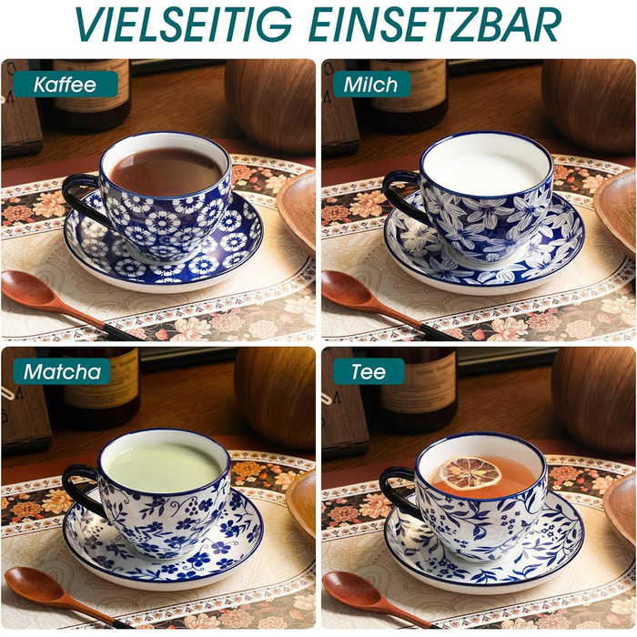 Набір кавових чашок капучіно Vancasso Selene 6 шт., 240 мл, блакитно-білий вінтажний дизайн, високоякісне фарфорове покриття, придатні для миття в посудомийній машині та використання в мікрохвильовій печі