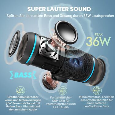 W-KING Bluetooth колонка 36W: Портативна бездротова колонка з 360° звуком, IPX6 водонепроникна, AUX, 30 год автономії, для дому, вулиці, вечірок, подорожей