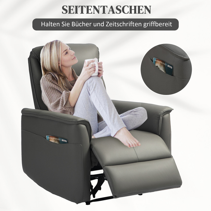 HOMCOM Recliner Chair, TV Chair with Reclining Function, Pocket Spring, Upholstered TV Chair with Footrest, Side Pocket, for Living Room, Bedroom, Light Grey | Aosom