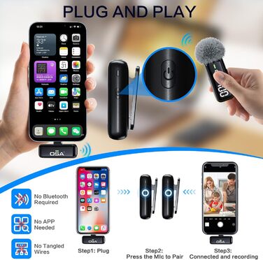 OSA Бездротовий петличний мікрофон: професійний комплект з двома мікрофонами, Plug-and-Play, для iPhone, Android, камери, ПК, з зарядним кейсом