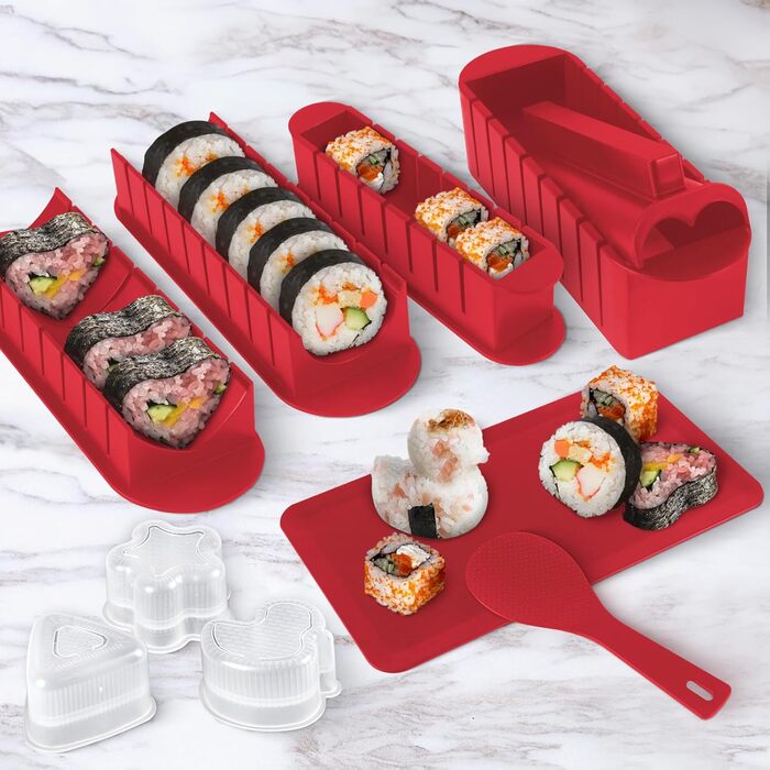 Набір для приготування суші, 20 предметів, для початківців, з формами для ролів, виделкою, ножем, килимком для ролу, палочками, повний комплект (Чорний) (Червоний+тарілка)