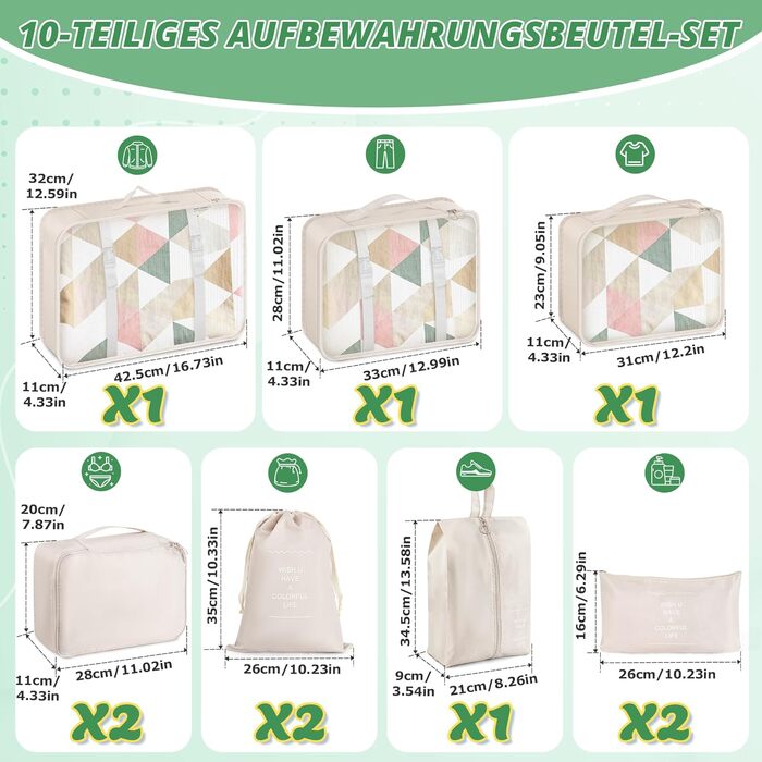 Органайзер для валізи 10 шт. Набір кубиків для пакування, водонепроникні сумки для одягу, взуття, косметики та аксесуарів. Чорний та бежевий кольори.