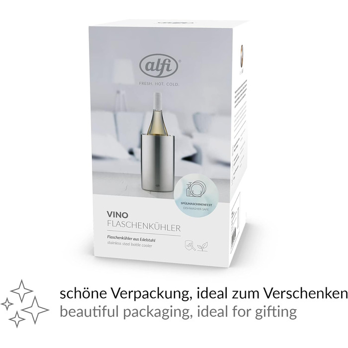 alfi SECCO, stainless steel bottle cooler for 0.70 to 1l bottles, wine, sparkling wine. Keeps drinks cool without condensation or ice cubes, ensuring chilled drinks to the very last drop. Dishwasher-safe, BPA-free (Polished stainless steel, cylindrical)