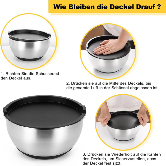 Набір мисок Bastwe з нержавіючої сталі, 4 шт. з кришками, тертки, для випічки та зберігання, складаються, 4.5L/3.5L/2L/1.1 L