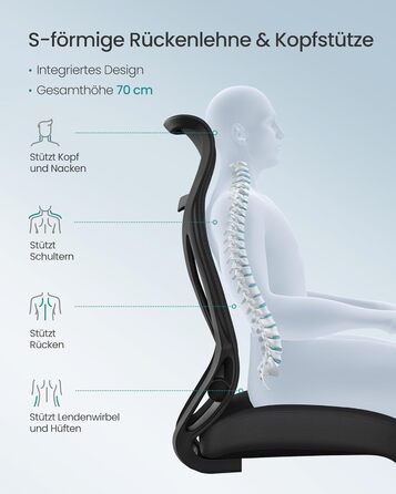 Офісний стіл SONGMICS, ергономічне крісло з регулюванням висоти та підголівником, до 150 кг, чорний OBN088B01