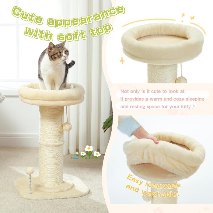 PAWZ Road Cat Tree, Tall Cat Scratching Post for Indoor Cats with Super Thick Scratching Post [Dia=14cm], Detachable Fluffy Cat Bed, Cat Scratching Post with Feather Ball, Beige