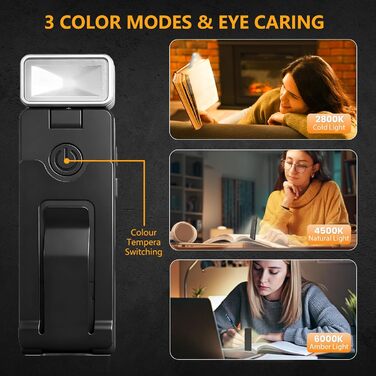 Клема-лампа для читання, акумуляторна, 3 режими температури кольору, USB, гнучка 360°, для книг, ідеальна для читачів та дітей (#6 Чорний)