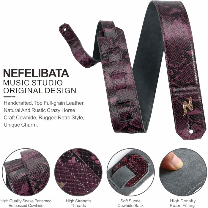 Шкіряний ремінь для гітари Nefelibata 2.3' з повним зерном, м'яка підкладка, для бас-гітари, електрогітари та акустичної гітари (Sahara Yellow Embossed)