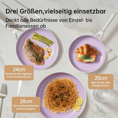 Набір антипригарних сковорідок Tjean з керамічним покриттям (без PTFE, PFOA, PFAS) з нержавіючою ручкою, підходить для індукційних, газових, електричних плит та духовки до 280°C (фіолетовий, 20+24+28 см)