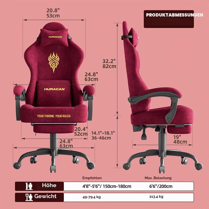 Ігрове крісло Ferghana Ergonomic Gaming Chair з оксамиту, з підтримкою попереку та підголівником, офісне крісло для геймерів та роботи (Червоне, LW220)