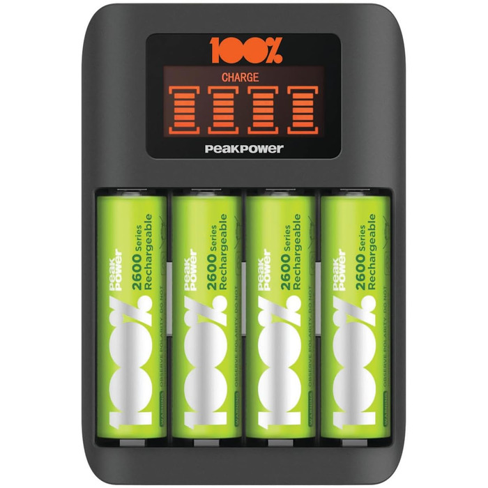 Зарядний пристрій PeakPower для акумуляторів AA AAA з 8 акумуляторами (4 x AA + 4 x AAA), захист від перерозряду, таймер безпеки, USB, пластикова упаковка, 8 слотів, швидка зарядка