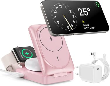 3-в-1 Бездротовий зарядний пристрій, індукційна станція Qi2, MagSafe, для iPhone 16/15/14/13/12, Apple Watch, AirPods, білий (рожевий)