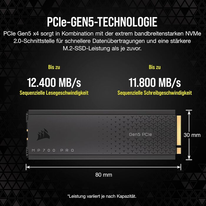 SSD Corsair MP700 PRO 2TB M.2 PCIe Gen5 x4 NVMe 2.0 - Швидкість до 11700 MB/s, TLC NAND, з кулером, чорний