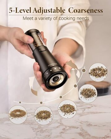 Salt and Pepper Grinder Electric 2-Piece Set with USB Rechargeable, Improved 4.5oz Large Capacity Spice Grinder Electric, Adjustable Coarseness with LED Light, Ideal for the Kitchen (Black/White)