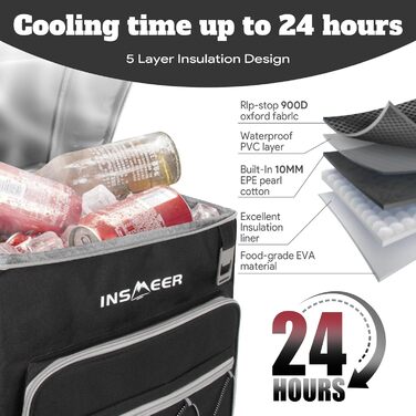 Сумка-холодильник INSMEER 40L з колесами, для пляшок, водонепроникна, чорна - для пляжу, кемпінгу, пікніка, покупок