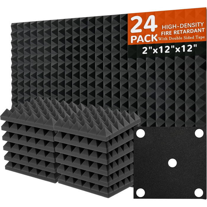 Самоклеючі акустичні панелі з шумопоглинаючого поролону 48 шт, звукоізоляційні пірамідні плити для студії та офісу, чорні, 30x30x2.5см та 30x30x5см