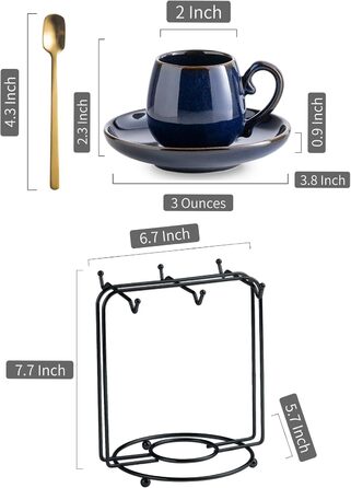 Набір чашок для еспресо LYEOBOH з підставками, 85 мл, 6 шт., кераміка, білий (кобальтовий блакитний)