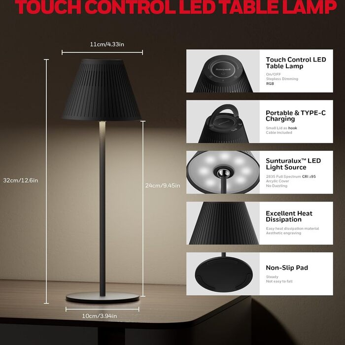 Honeywell LED лампа настільна диммерна акумуляторна RGB, Sunturalux, 5200mAh, бездротова, перезаряджувана, біле світло 5500K (1 шт.)