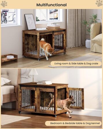 Клітка для собак EUGAD, 100 см, з 2 дверцятами та 5 колесами, для великих, середніх та маленьких собак, декоративна переноска для дому, вінтажний коричневий колір