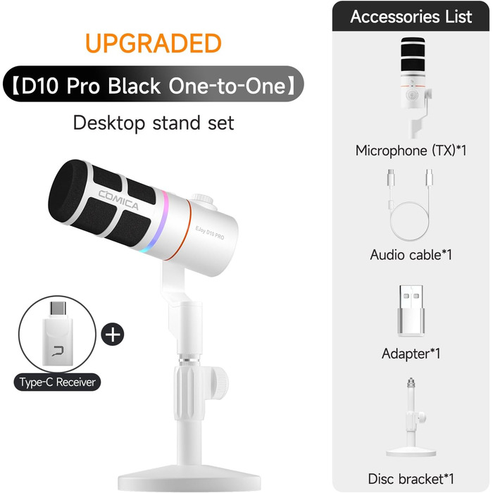 Мікрофон COMICA EJoy D10 Pro: динамічний, кардіоїдний, USB-C/XLR, RGB-підсвічування, моніторинг