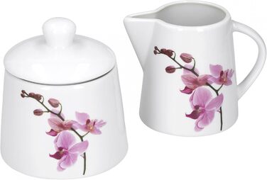 Набір цукерниці та молочника Van Well Kyoto, порцеляновий посуд з квітковим декором орхідеї, рожевий, 2 шт.