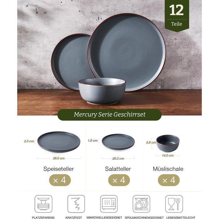 Набір посуду Mercury, 12 предметів: тарілки, супові миски, десертні тарілки, для 4 осіб, з каменю, мікрохвильова піч та посудомийна машина, сірий колір