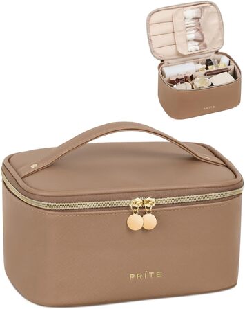 Велика косметичка для жінок, дорожня туалетна сумочка з водонепроникної шкіри, велика косметичка або сумочка для макіяжу з ручкою та знімним роздільником (коричнева)